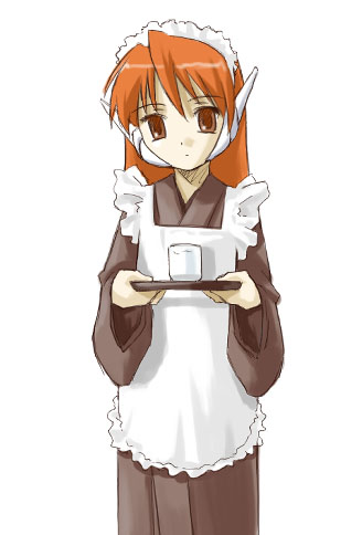 umekichi, serio (to heart), to heart, to heart (series), lowres, 1girl, apron, female focus, japanese clothes, maid, maid apron, robot ears, simple background, solo, tray, wa maid, white background