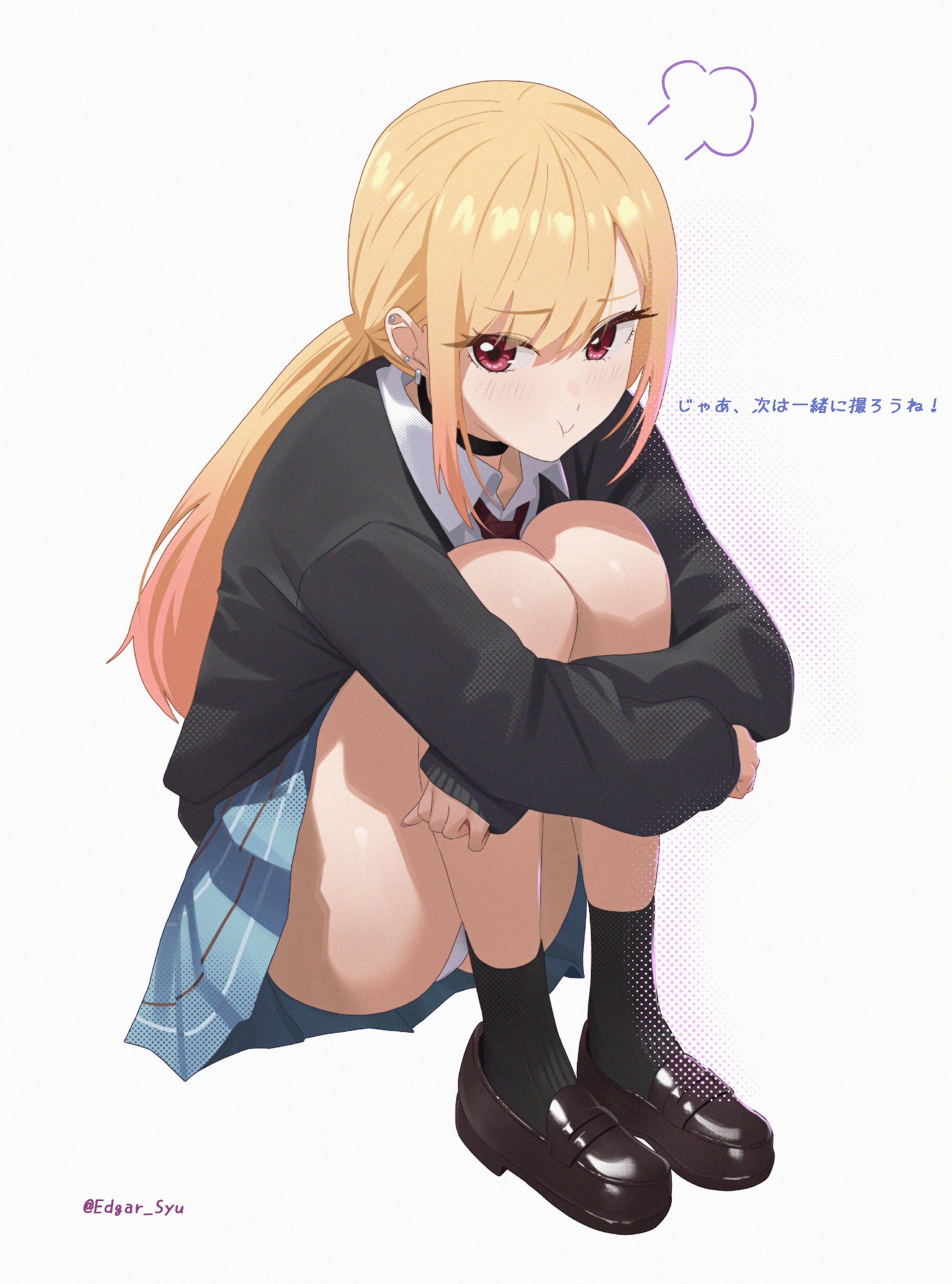 edgar syu, kitagawa marin, sono bisque doll wa koi wo suru, absurdres, highres, 1girl, :t, black choker, black socks, blonde hair, blue skirt, brown shoes, choker, collared shirt, loafers, looking at viewer, low ponytail, miniskirt, necktie, panties, pantyshot, plaid clothes, plaid skirt, pleated skirt, ponytail, pout, red eyes, red necktie, school uniform, shirt, shoes, sitting, skirt, socks, solo, sweater, underwear, white background, white panties, white shirt