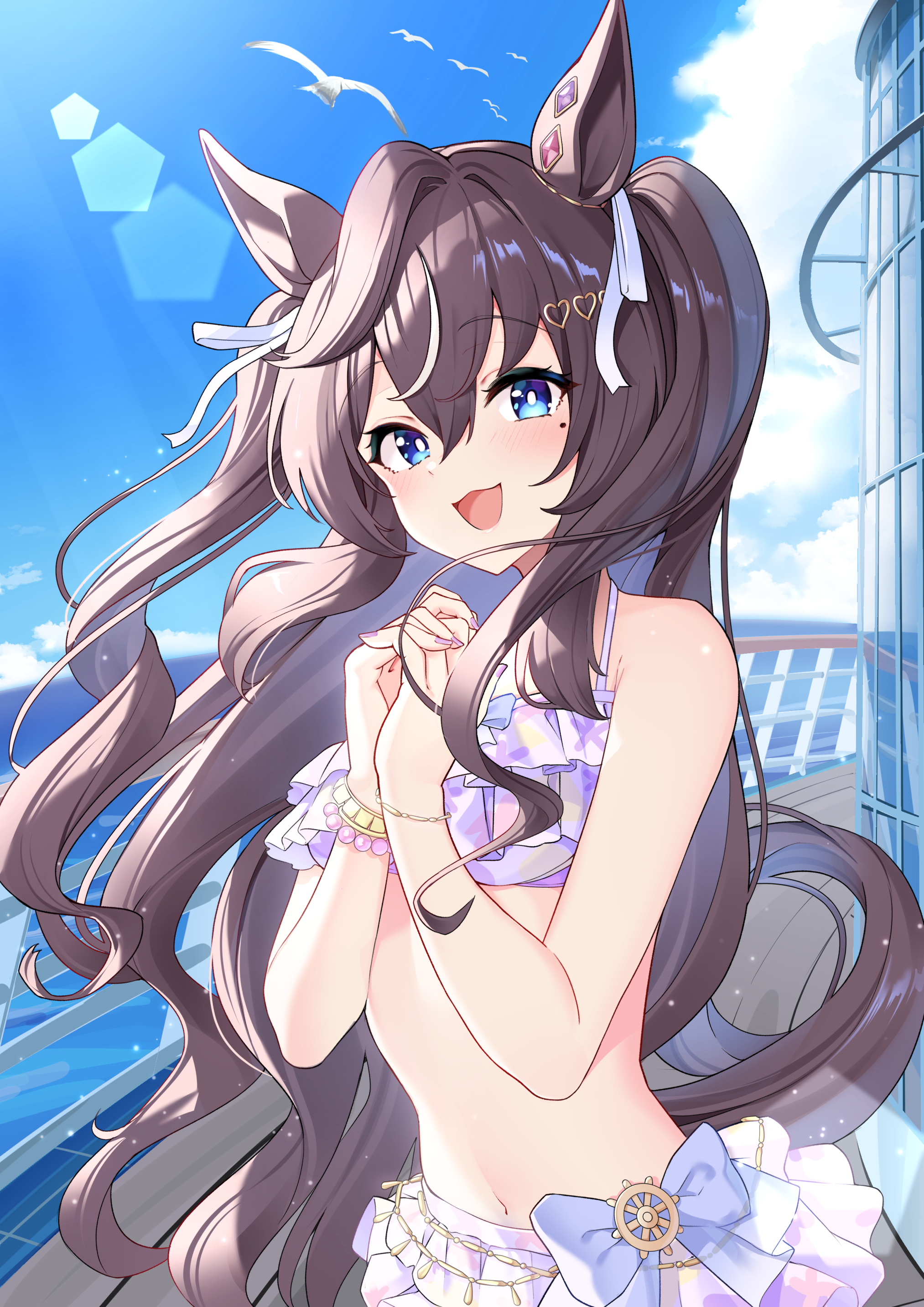 sunny (20597521), vivlos (finest smile – liftoff!) (umamusume), vivlos (umamusume), umamusume, absurdres, commentary request, highres, 1girl, :d, animal ears, bikini, blue eyes, blue sky, brown hair, cloud, day, horse ears, horse girl, horse tail, looking at viewer, mole, mole under eye, ocean, official alternate costume, open mouth, outdoors, purple bikini, sky, smile, solo, swimsuit, tail