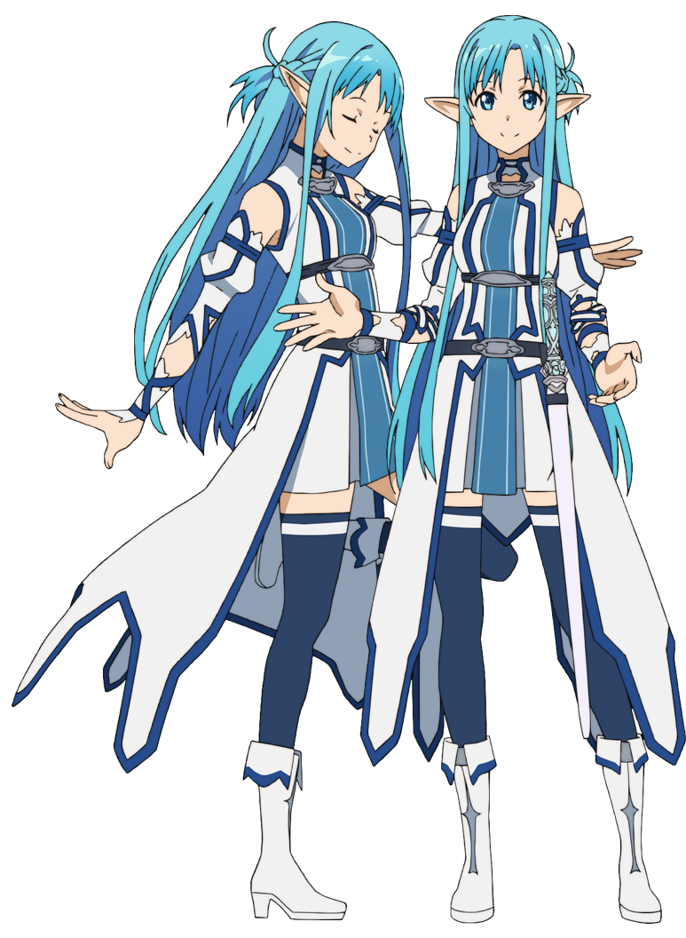 adachi shingo, asuna (sao), asuna (sao-alo), sword art online, official art, 2girls, anime coloring, blue eyes, blue hair, blue thighhighs, boots, braid, breasts, closed eyes, closed mouth, crown braid, detached sleeves, dress, elf, from side, full body, hands up, long hair, long sidelocks, looking at viewer, medium breasts, multiple girls, multiple views, open hands, outstretched arms, pointy ears, sidelocks, simple background, sleeveless, sleeveless dress, smile, standing, thighhighs, thighs, transparent background, very long hair, very long sidelocks, white boots, zettai ryouiki