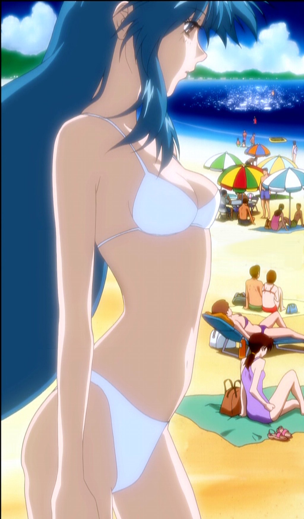 chidori kaname, full metal panic!, anime screenshot, highres, 00s, 1girl, 6+boys, beach, bikini, blue hair, breasts, day, long hair, medium breasts, multiple boys, ocean, outdoors, sandals, sky, solo focus, swimsuit, very long hair, water