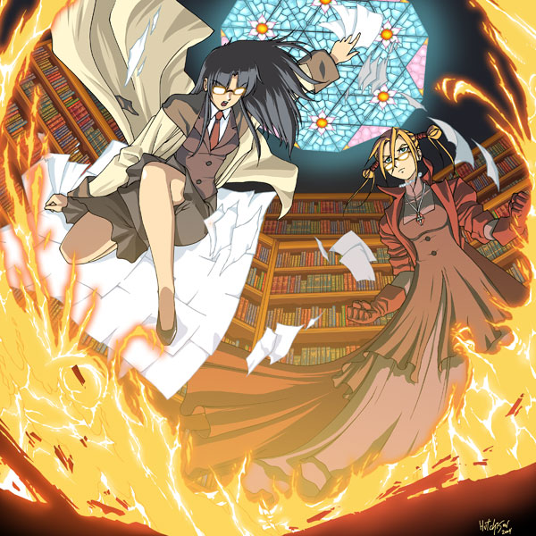 robin sena, yomiko readman, read or die, witch hunter robin, 2girls, battle, black hair, blonde hair, book, coat, crossover, dress, female focus, fire, flying paper, glasses, gloves, indoors, jewelry, library, long hair, magic, multiple girls, necklace, necktie, paper, parody, skirt, skylight, stained glass, standing, trench coat