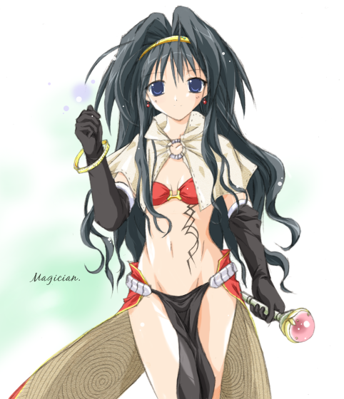 tokita, mage (ragnarok online), ragnarok online, 1girl, black gloves, black hair, blue eyes, capelet, earrings, elbow gloves, female focus, gloves, hair intakes, holding, jewelry, long hair, looking at viewer, magician, midriff, midriff tattoo, pelvic curtain, simple background, solo, staff, tattoo, wavy hair, white background