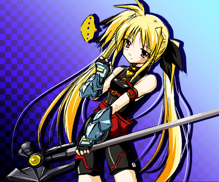 bardiche (assault form) (nanoha), bardiche (nanoha), fate testarossa, fate testarossa (sonic form), lyrical nanoha, mahou shoujo lyrical nanoha, mahou shoujo lyrical nanoha a's, …, 00s, 1girl, armlet, axe, bare shoulders, black bodysuit, blonde hair, blush, bodysuit, choker, expressionless, female focus, fingerless gloves, gloves, hair ribbon, holding, holding weapon, jewelry, polearm, red eyes, ribbon, simple background, solo, speech bubble, spoken ellipsis, twintails, weapon