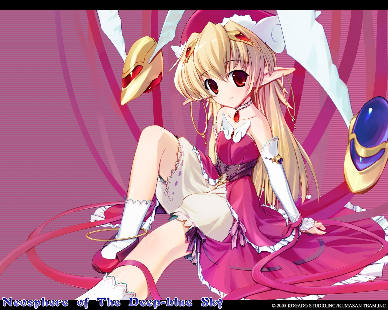 ein (long cake), elincie yerthrop, aoi sora no neosphere, 1girl, anklet, arm support, armlet, bare shoulders, blonde hair, bloomers, breasts, company name, copyright name, corset, dated, detached sleeves, dress, earrings, english text, female focus, flying, frills, from side, gem, gradient background, hair ornament, hat, hoop earrings, jewelry, knee up, lace, layered dress, letterboxed, light smile, long hair, looking at viewer, necklace, pendant, pointy ears, red eyes, ribbon, ribbon trim, robot, scanlines, shoes, showgirl skirt, sitting, sleeves past wrists, small breasts, smile, socks, solo, underwear, very long hair, white bloomers, wings, wrist ribbon