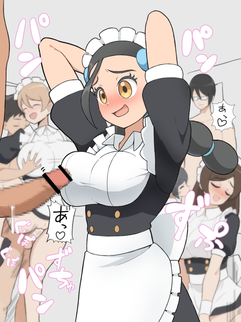 candice (pokemon), nintendo, pokemon, pokemon dppt, 1girl, arms up, black hair, blush, breasts, brown eyes, clothed female nude male, glasses, large breasts, long hair, maid, multi-tied hair, nude, omajierou, paizuri, penis, short sleeves