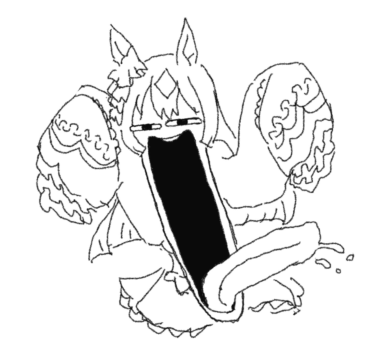 amida (tomato pasta), golbat, satono diamond (umamusume), nintendo, pokemon, pokemon rgby, umamusume, highres, animal ears, dress, freaky satono diamond (meme), gen 1 pokemon, horse ears, horse girl, long tongue, meme, monochrome, open mouth, saliva, tongue