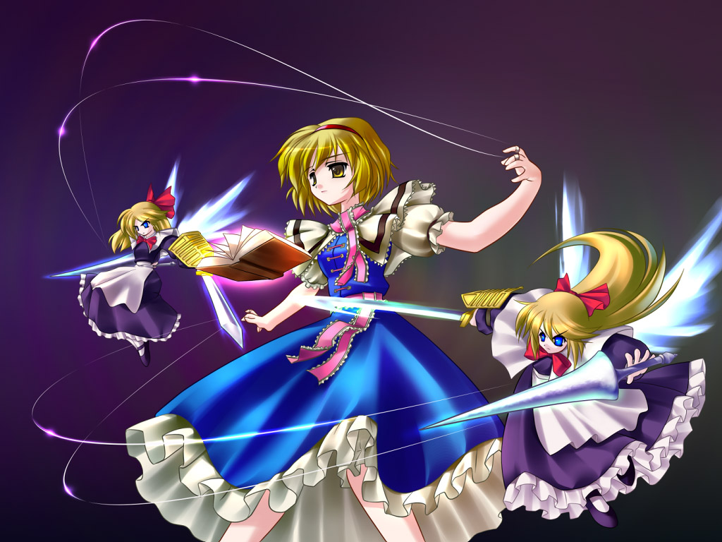 suematsu jerry, alice margatroid, hourai doll, shanghai doll, touhou, 1girl, blonde hair, blue eyes, book, capelet, dual wielding, female focus, hairband, holding, lance, long hair, polearm, short hair, solo, string, weapon