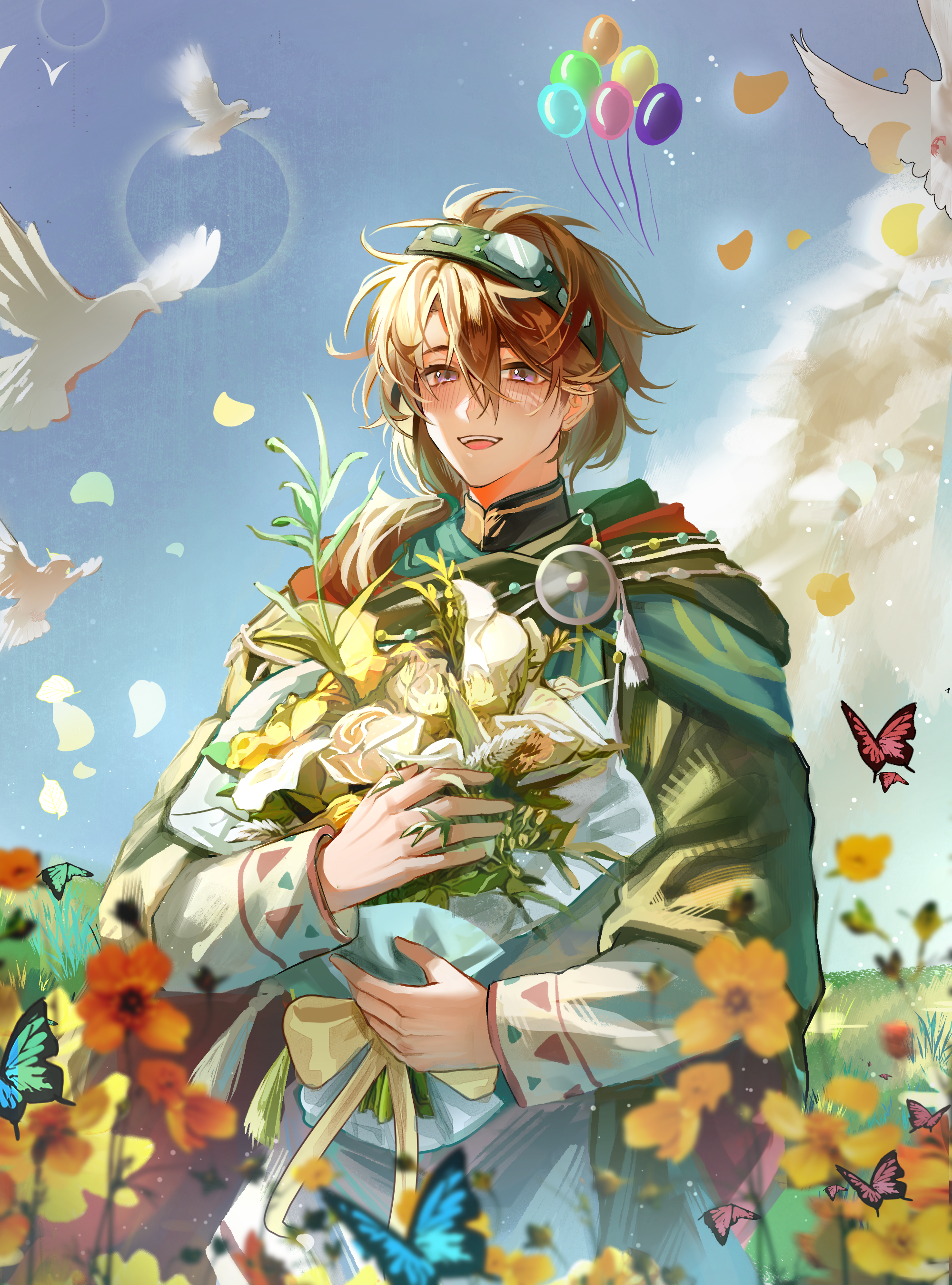 yuha6666, name day (reverse:1999), reverse:1999, absurdres, highres, 1boy, :d, balloon, bird, blue butterfly, blue sky, bouquet, brown hair, bug, butterfly, cape, cloud, falling petals, flower, grass, green cape, green hairband, hairband, holding, holding bouquet, insect, lens flare, male focus, open mouth, outdoors, petals, purple eyes, red butterfly, shirt, short hair, sky, smile, solo, too many flowers, upper body, white bird, white flower, white shirt, yellow flower