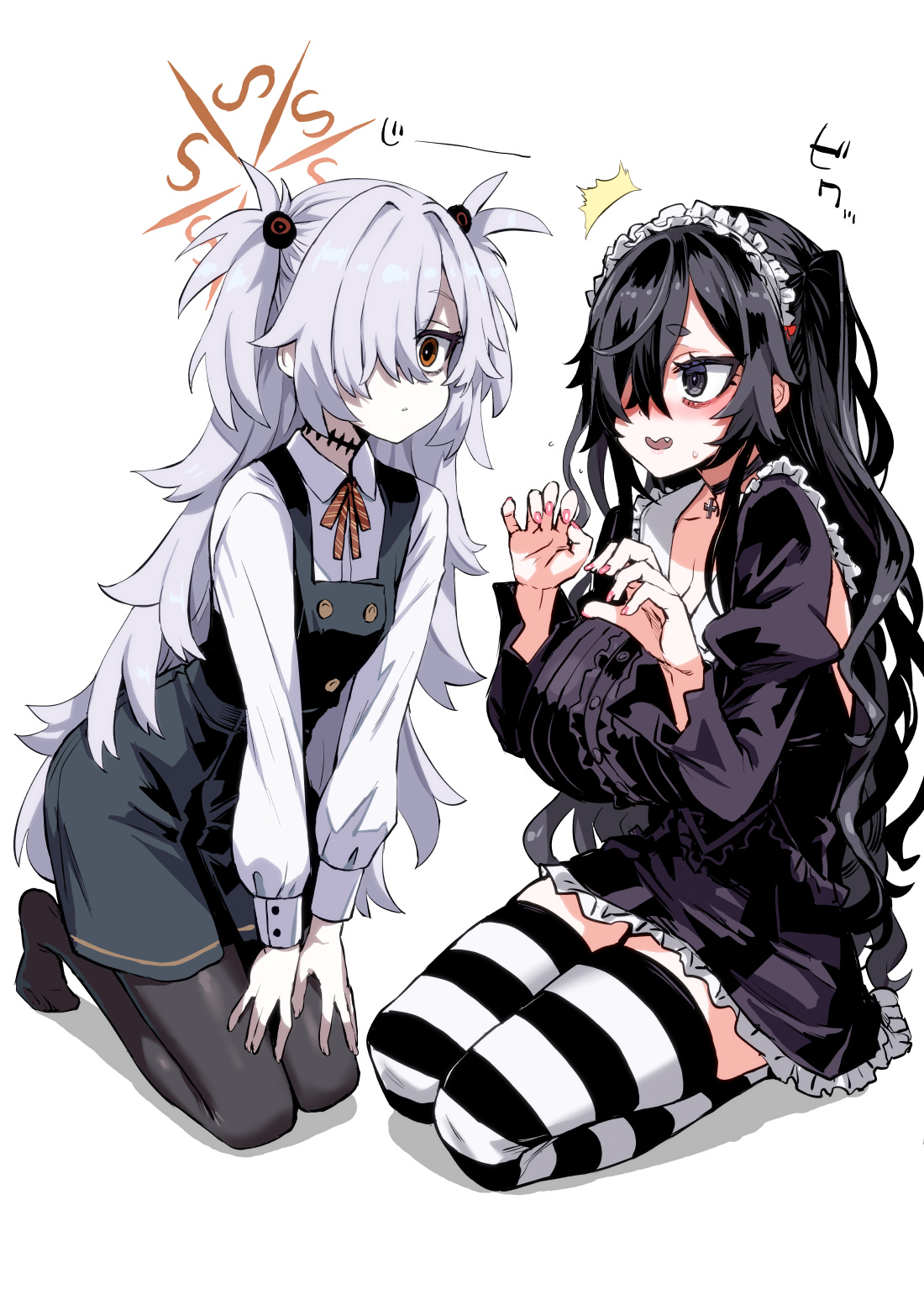 asanagi, kanoe (blue archive), blue archive, original, character request, highres, 2girls, black choker, black dress, black pantyhose, breasts, brown eyes, choker, collared shirt, dress, flat chest, frilled dress, frilled hairband, frills, grey hair, hair over one eye, hairband, halo, huge breasts, long hair, long sleeves, multiple girls, pantyhose, pinafore dress, scar, scar on neck, shirt, sleeveless, sleeveless dress, striped clothes, striped thighhighs, thighhighs, two side up, white shirt, zettai ryouiki