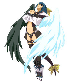 dizzy (guilty gear), arc system works, guilty gear, lowres, third-party edit, 1girl, asymmetrical wings, bdsm, bondage, bound, chain, female focus, full body, pixel art, ribbon, solo, tail, tail ornament, tail ribbon, thighhighs, transparent background, wings