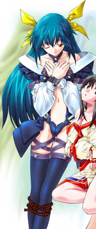 soyosoyo, dizzy (guilty gear), nakoruru, arc system works, guilty gear, samurai spirits, third-party edit, 2girls, asymmetrical wings, bdsm, black hair, blue hair, bondage, bound, bow, breasts, cleavage, cuffs, hair bow, large breasts, long hair, midriff, multiple girls, navel, open mouth, orange eyes, red eyes, rope, thighhighs, wings