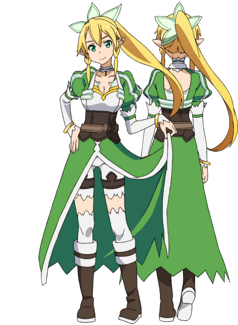 adachi shingo, leafa (sao), sword art online, official art, 2girls, anime coloring, armlet, back, belt, blonde hair, boots, braid, breasts, brown belt, brown boots, brown corset, cleavage, collarbone, corset, dress, elbow gloves, elf, from behind, full body, gloves, green dress, green eyes, hair between eyes, hand on own hip, head tilt, jewelry, large breasts, long hair, looking at viewer, multiple girls, multiple views, pointy ears, ponytail, puffy short sleeves, puffy sleeves, scrunchie, short sleeves, simple background, smile, standing, thighhighs, transparent background, twin braids, very long hair, white gloves, white scrunchie, white thighhighs