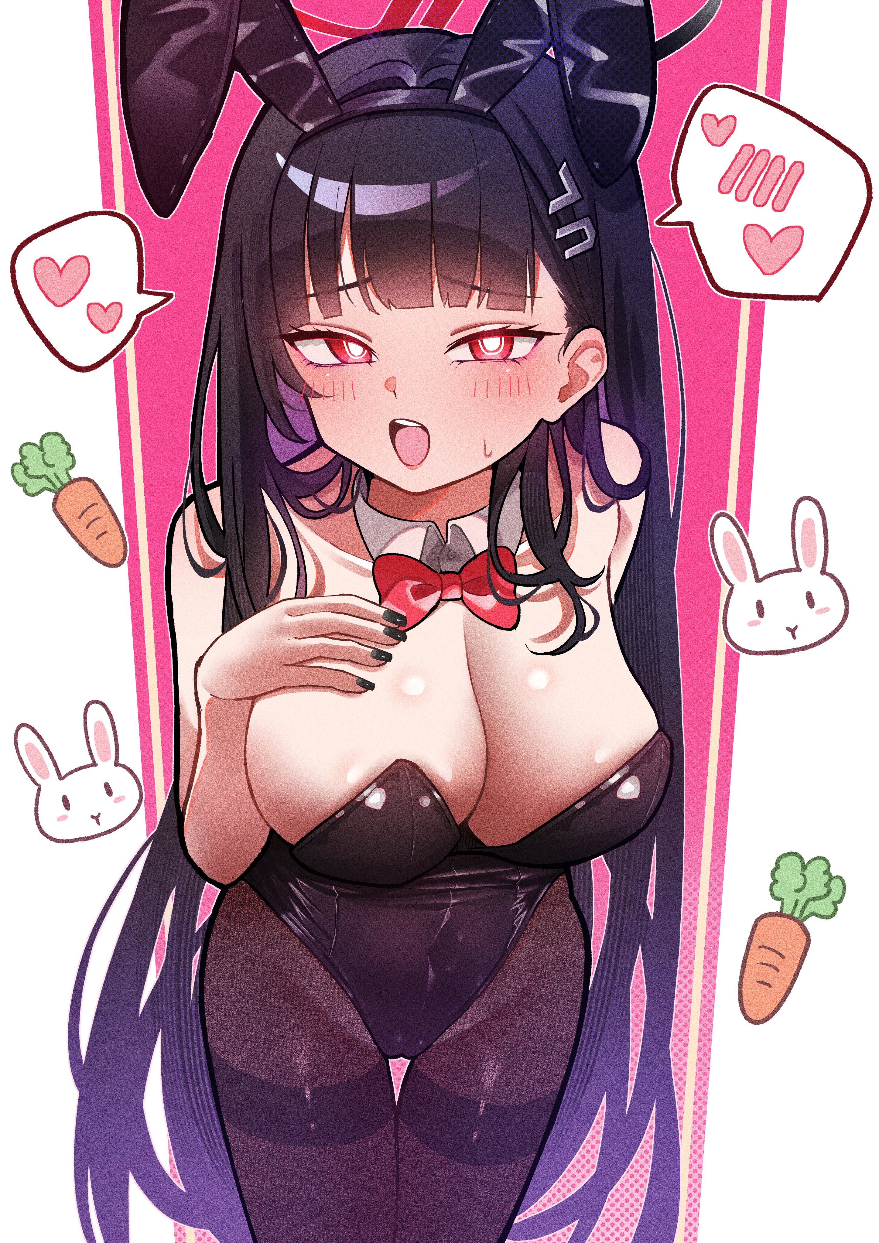 i-nn, rio (blue archive), blue archive, absurdres, commentary request, highres, 1girl, alternate costume, animal ear hairband, animal ears, black hair, black leotard, black nails, black pantyhose, blush, bow, bowtie, breasts, bright pupils, detached collar, fake animal ears, hairband, halo, hand on own chest, heart, highleg, highleg leotard, large breasts, leotard, long hair, looking at viewer, multicolored halo, open mouth, pantyhose, playboy bunny, rabbit ear hairband, rabbit ears, red bow, red bowtie, red eyes, ringed eyes, solo, speech bubble, spoken heart, standing, strapless, strapless leotard, sweatdrop, thighband pantyhose, white pupils