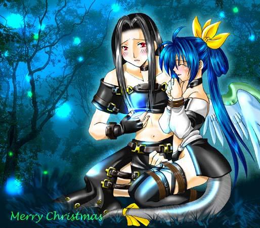 dizzy (guilty gear), testament (guilty gear), arc system works, guilty gear, third-party edit, 1boy, 1girl, asymmetrical wings, bdsm, bondage, bound, christmas, ribbon, rope, tail, tail ornament, tail ribbon, tears, thighhighs, wings