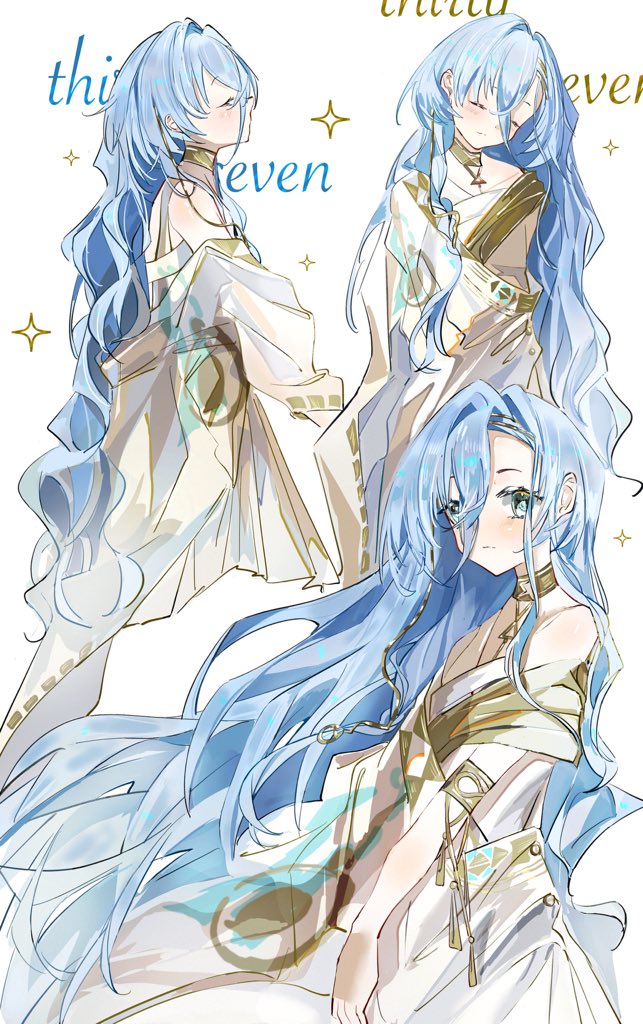 seventeen meimi, 37 (reverse:1999), reverse:1999, 1girl, ancient greek clothes, armlet, bare shoulders, blue eyes, blue hair, character name, closed eyes, closed mouth, gold choker, greco-roman clothes, hair between eyes, jewelry, long hair, looking at viewer, multiple views, sparkle, toga, upper body, very long hair, white background
