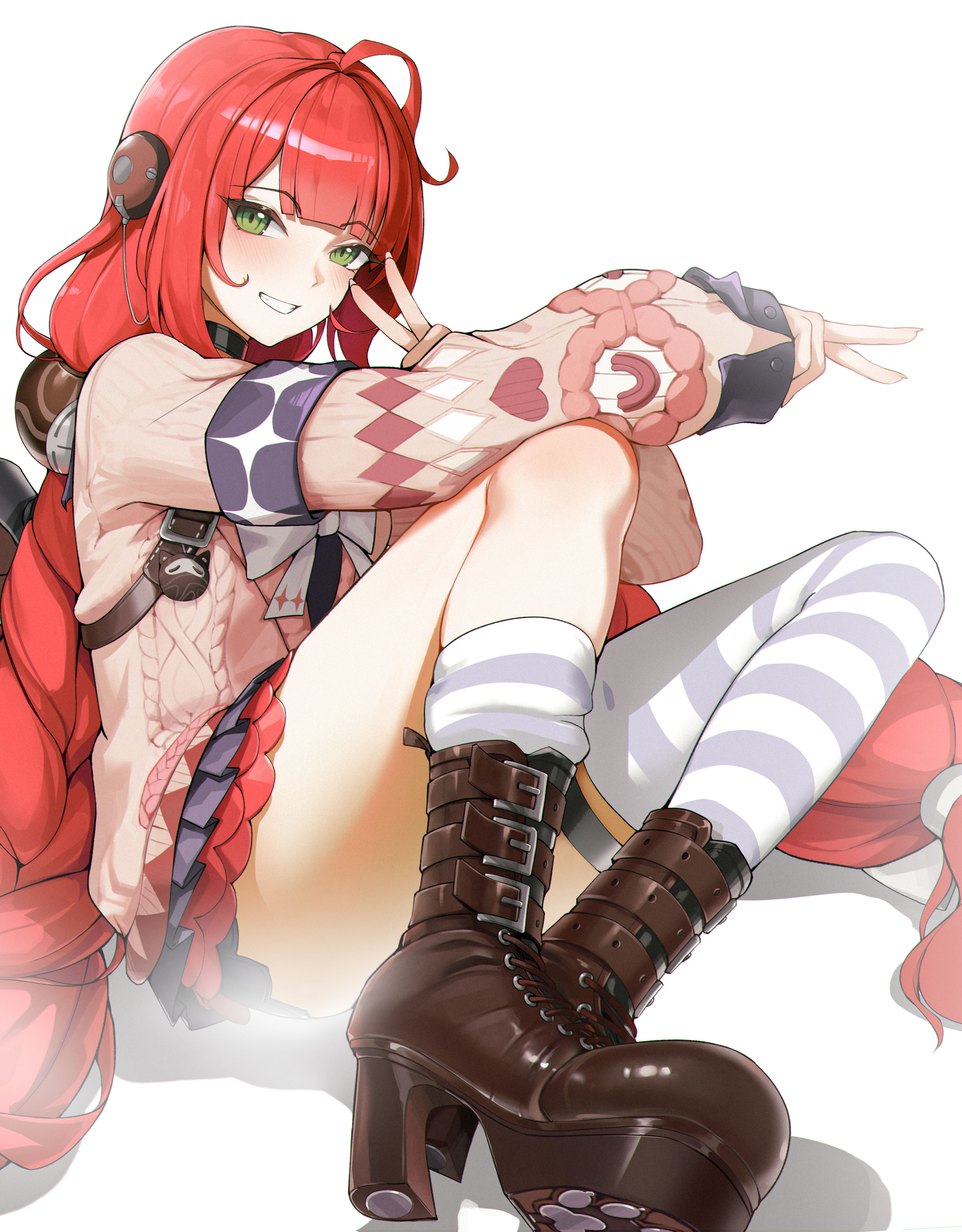 elias2art, ukinami yuzuha, zenless zone zero, braided twintails, absurdres, highres, 1girl, ahoge, animal on back, black choker, black sailor collar, black skirt, blunt bangs, blush, boots, bow, bowtie, braid, brown boots, cardigan, chest bow, choker, double v, green eyes, grin, hearing aid, long hair, long sleeves, looking at viewer, loose thighhigh, low twin braids, open mouth, paw shoes, pink cardigan, platform boots, pleated skirt, raccoon, red hair, sailor collar, sitting, skirt, sleeves past wrists, smile, solo, sphere hair ornament, tanuki, teeth, thigh strap, twin braids, v, very long hair, white bow, white bowtie