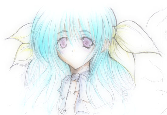 amami fuu, dizzy (guilty gear), arc system works, guilty gear, 1girl, blue hair, blue ribbon, expressionless, female focus, hair ribbon, portrait, purple eyes, ribbon, simple background, sketch, solo, upper body, white background