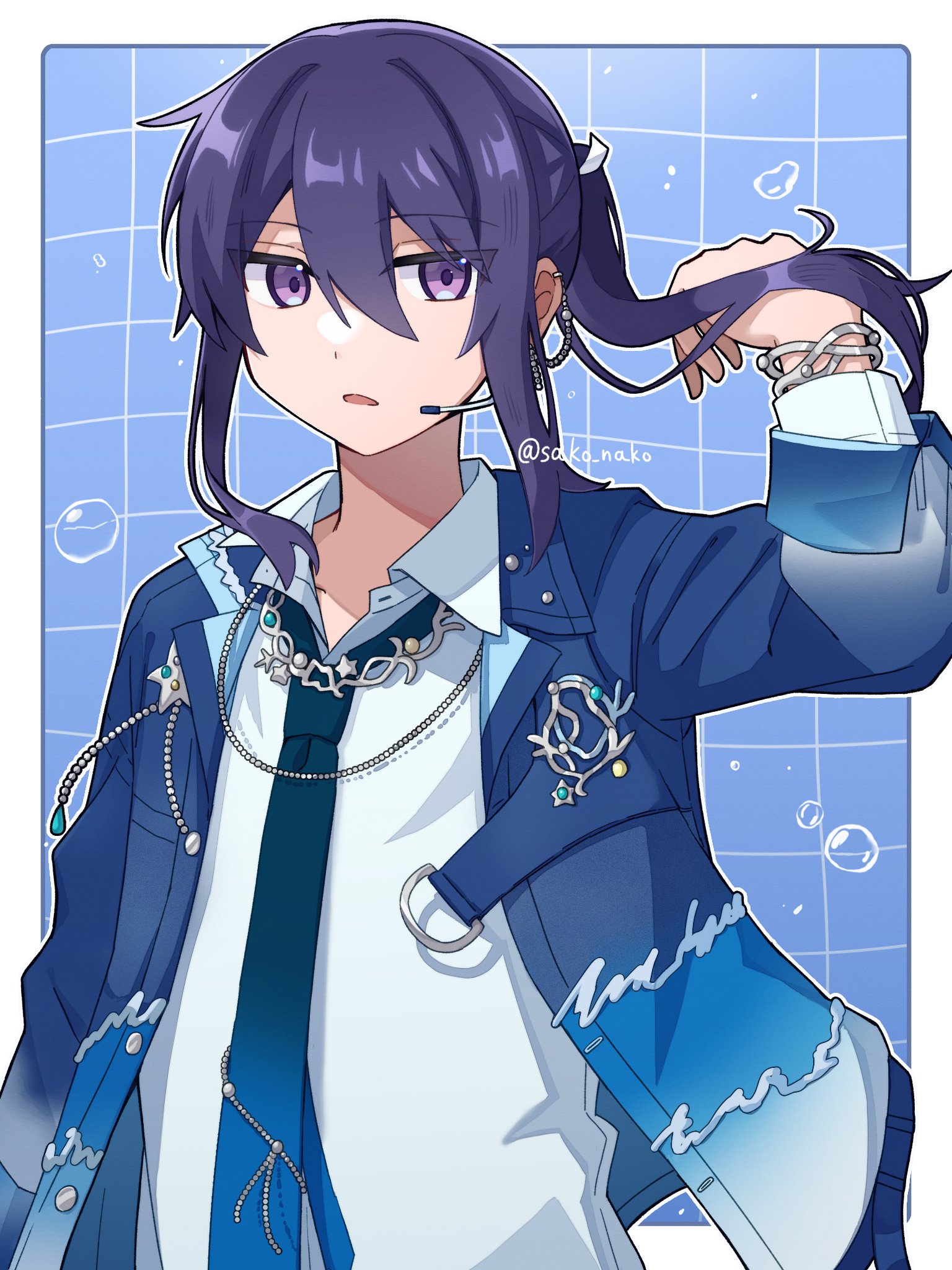 kanzaki souma, ensemble stars!, silver necklace, highres, 1boy, arm up, blue background, blue jacket, blue necktie, border, bracelet, bubble, denim, denim jacket, double-parted bangs, e7fe97lnor97074, earrings, gradient clothes, gradient jacket, gradient necktie, grid background, hair between eyes, hair intakes, headset, holding, holding own hair, idol, jacket, jewelry, long hair, long sleeves, looking at viewer, looking to the side, male focus, motoyui, multiple earrings, necktie, official alternate costume, open mouth, outline, outside border, purple eyes, purple hair, shirt, sidelocks, silver bracelet, solo, twitter username, upper body, white border, white outline, white shirt
