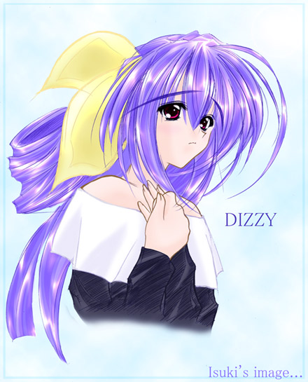 kirimori isuki, dizzy (guilty gear), arc system works, guilty gear, framed, 1girl, artist name, bare shoulders, blue hair, character name, clenched hand, closed mouth, cropped torso, female focus, hair between eyes, hair ribbon, hair rings, hands on own chest, long hair, looking to the side, off shoulder, own hands together, purple hair, red eyes, ribbon, solo, upper body, yellow ribbon