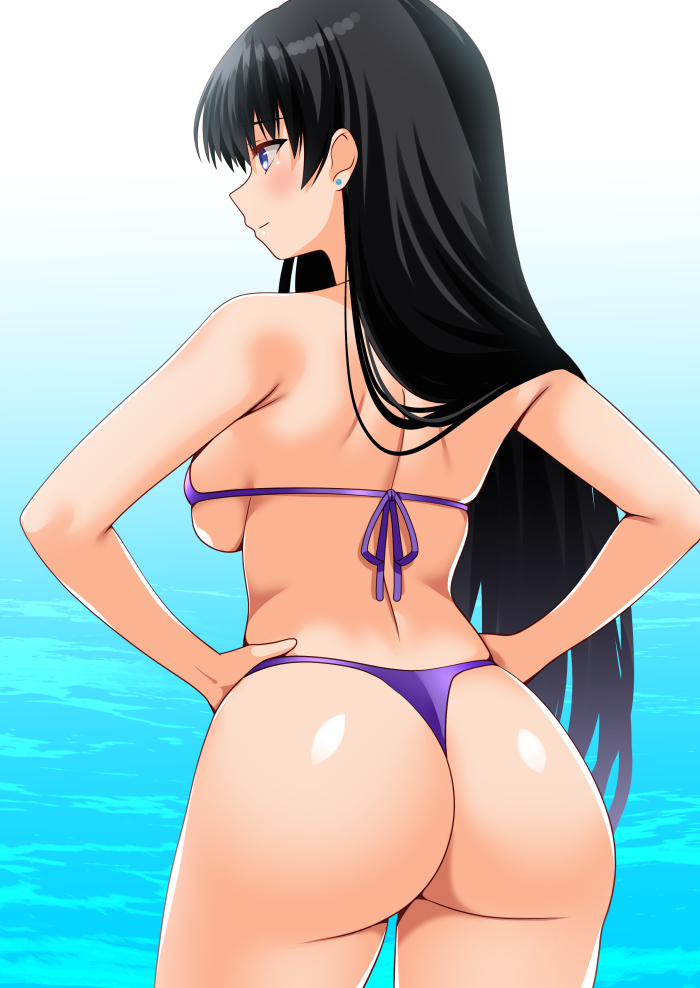 engo (aquawatery), arato nagi, ruri no houseki, commission, pixiv commission, 1girl, bikini, black hair, blush, breasts, earrings, jewelry, large breasts, long hair, ocean, purple bikini, sideboob, smile, solo, swimsuit, thong, thong bikini