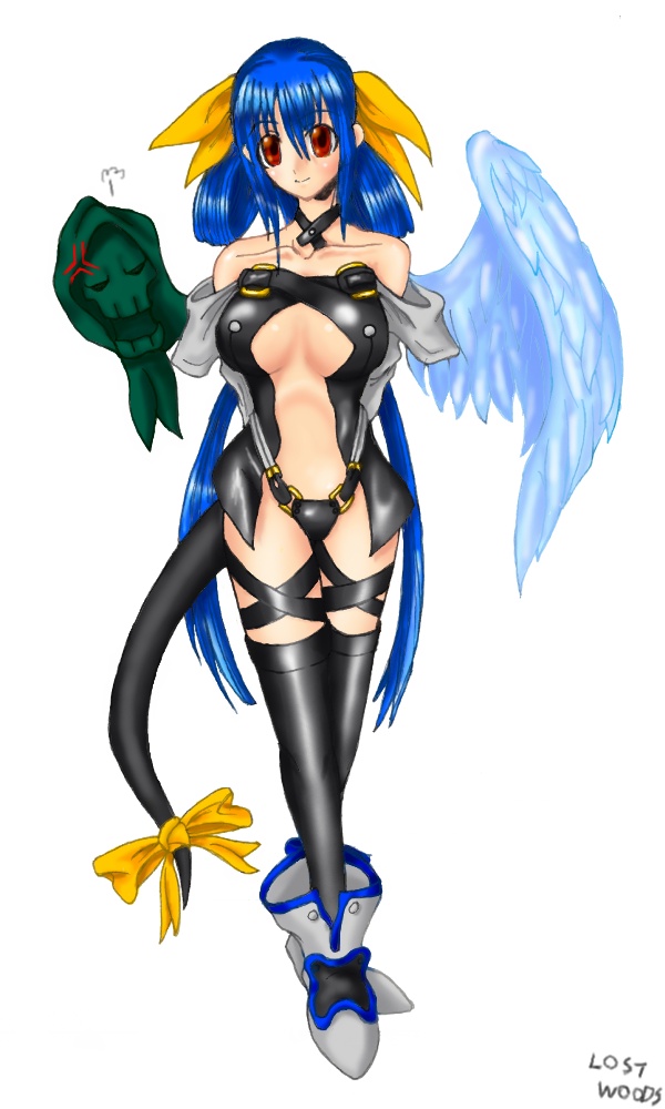 lost woods, dizzy (guilty gear), necro (guilty gear), arc system works, guilty gear, 1girl, anger vein, asymmetrical wings, blue hair, female focus, red eyes, red hair, ribbon, solo, tail, tail ornament, tail ribbon, thighhighs, wings