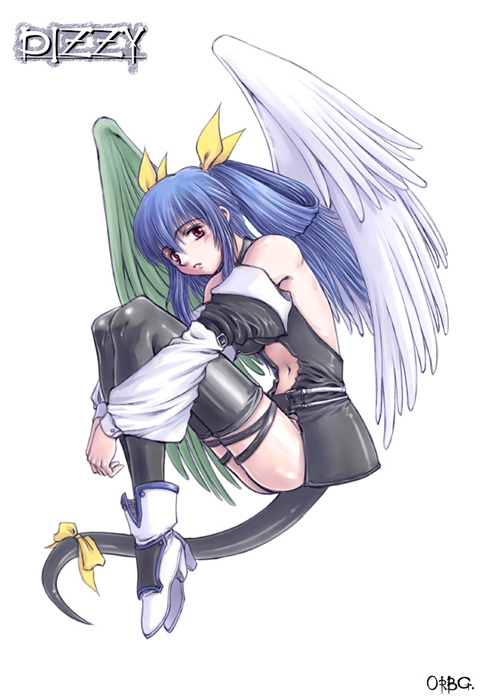 dizzy (guilty gear), arc system works, guilty gear, 1girl, asymmetrical wings, blue hair, female focus, red eyes, ribbon, simple background, solo, tail, tail ornament, tail ribbon, thighhighs, white background, wings