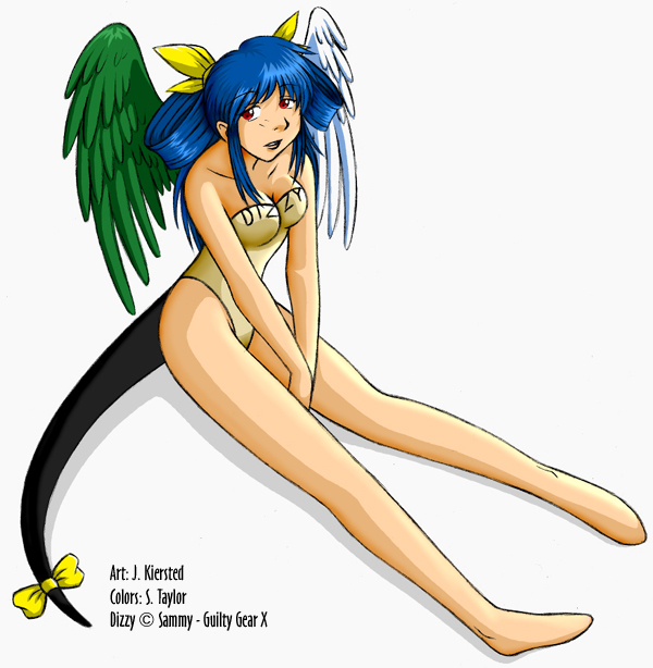 dizzy (guilty gear), arc system works, guilty gear, 1girl, asymmetrical wings, bad anatomy, bad feet, bad proportions, bare shoulders, between thighs, blue hair, bow, breasts, casual one-piece swimsuit, cleavage, feet, female focus, medium breasts, one-piece swimsuit, poorly drawn, red eyes, ribbon, school swimsuit, shadow, sitting, solo, swimsuit, tail, tail bow, tail ornament, tail ribbon, thighs, v arms, wings