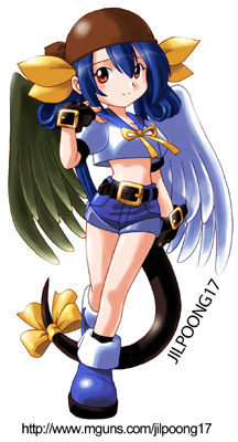 jilpoong17, dizzy (guilty gear), arc system works, guilty gear, lowres, 1girl, ankle boots, arm at side, artist name, asymmetrical wings, bandana, belt, black gloves, black socks, black wings, blue boots, blue hair, blue sailor collar, blue shorts, blush, boots, buckle, chibi, chibi only, closed mouth, crop top, denim, denim shorts, female focus, fingerless gloves, gloves, hair between eyes, hair ribbon, hair rings, hand up, light smile, long hair, looking at viewer, midriff, pirate, red eyes, ribbon, sailor collar, shirt, short shorts, short sleeves, shorts, simple background, smile, socks, solo, standing, tail, tail ornament, tail ribbon, twintails, very long hair, watermark, web address, white background, white shirt, white wings, wings, yellow ribbon