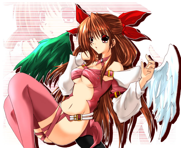 dizzy (guilty gear), arc system works, guilty gear, 1girl, alternate color, asymmetrical wings, bow, breasts, brown hair, choker, female focus, hair bow, long hair, red eyes, sitting, solo, tail, thighhighs, underboob, wings, zoom layer