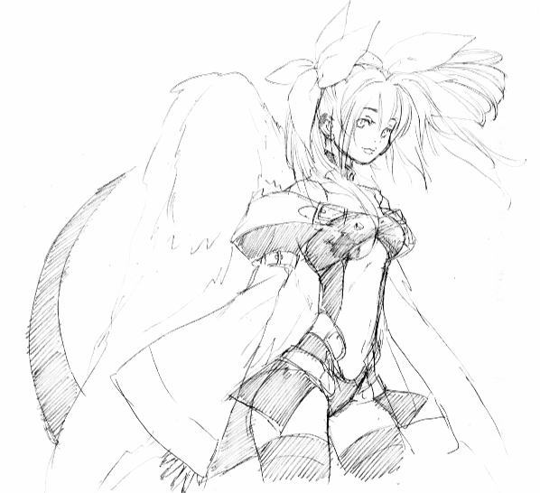 dizzy (guilty gear), arc system works, guilty gear, 1girl, female focus, greyscale, monochrome, revealing clothes, simple background, sketch, solo, standing, thighhighs, white background
