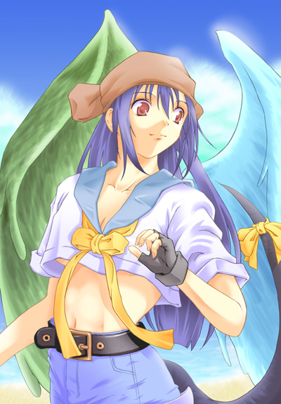 dizzy (guilty gear), arc system works, guilty gear, guilty gear xx, 1girl, asymmetrical wings, belt, blue hair, blue sailor collar, female focus, pirate, red eyes, ribbon, sailor collar, solo, tail, tail ornament, tail ribbon, wings