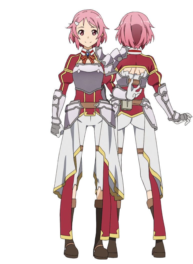 adachi shingo, lisbeth (sao), lisbeth (sao-alo), sword art online, official art, 2girls, anime coloring, armor, back, belt, boots, breastplate, breasts, brown belt, brown boots, closed mouth, collared jacket, from behind, full body, gauntlets, gloves, hair ornament, hairclip, hand up, jacket, long sleeves, looking at viewer, medium breasts, multiple girls, multiple views, open hand, pants, pink hair, pointy ears, puffy long sleeves, puffy sleeves, red eyes, red jacket, red ribbon, ribbon, sash, short hair, shoulder armor, sidelocks, simple background, smile, standing, striped ribbon, transparent background, white gloves, white pants, white sash