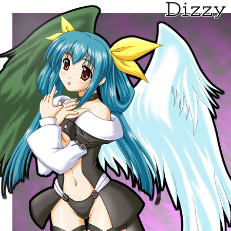 dizzy (guilty gear), arc system works, guilty gear, lowres, 1girl, asymmetrical wings, blue hair, female focus, red eyes, solo, tail, wings