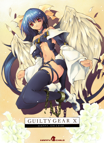 dizzy (guilty gear), arc system works, guilty gear, 1girl, blue hair, boots, chain, choker, cuffs, feathers, female focus, flower, long hair, lying, navel, on back, on side, red eyes, solo, tail, thighhighs, very long hair, wings