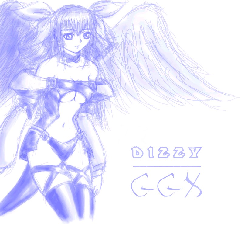 dizzy (guilty gear), arc system works, guilty gear, 1girl, :o, blue theme, blush, breasts, center opening, character name, choker, collarbone, detached sleeves, female focus, hair ribbon, long hair, midriff, monochrome, navel, open mouth, ribbon, simple background, solo, standing, thighhighs, underboob, very long hair, white background, wings