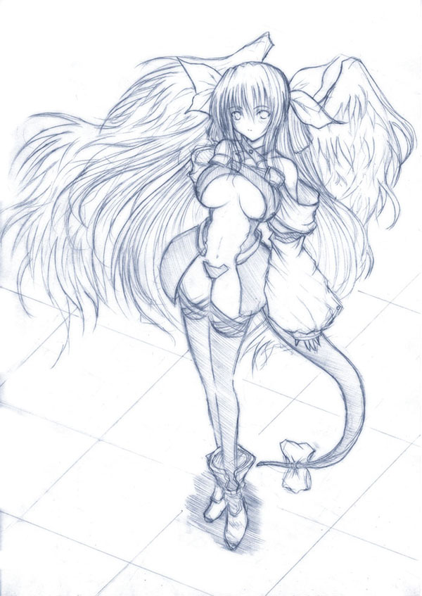 amami fuu, dizzy (guilty gear), arc system works, guilty gear, tagme, monochrome, solo, tail, thighhighs, wings