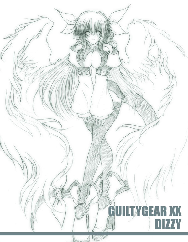 amami fuu, dizzy (guilty gear), arc system works, guilty gear, 1girl, blush, boots, breasts, cleavage, female focus, high heels, long hair, monochrome, shoes, sketch, smile, solo, tail, thighhighs, wings