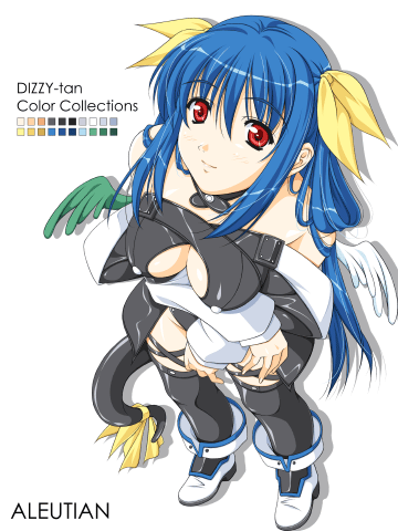 racco, dizzy (guilty gear), arc system works, guilty gear, bad perspective, lowres, 1girl, asymmetrical wings, blue hair, boots, breasts, choker, cleavage, female focus, large breasts, long hair, poorly drawn, ribbon, smile, solo, tail, tail ornament, tail ribbon, thighhighs, wings