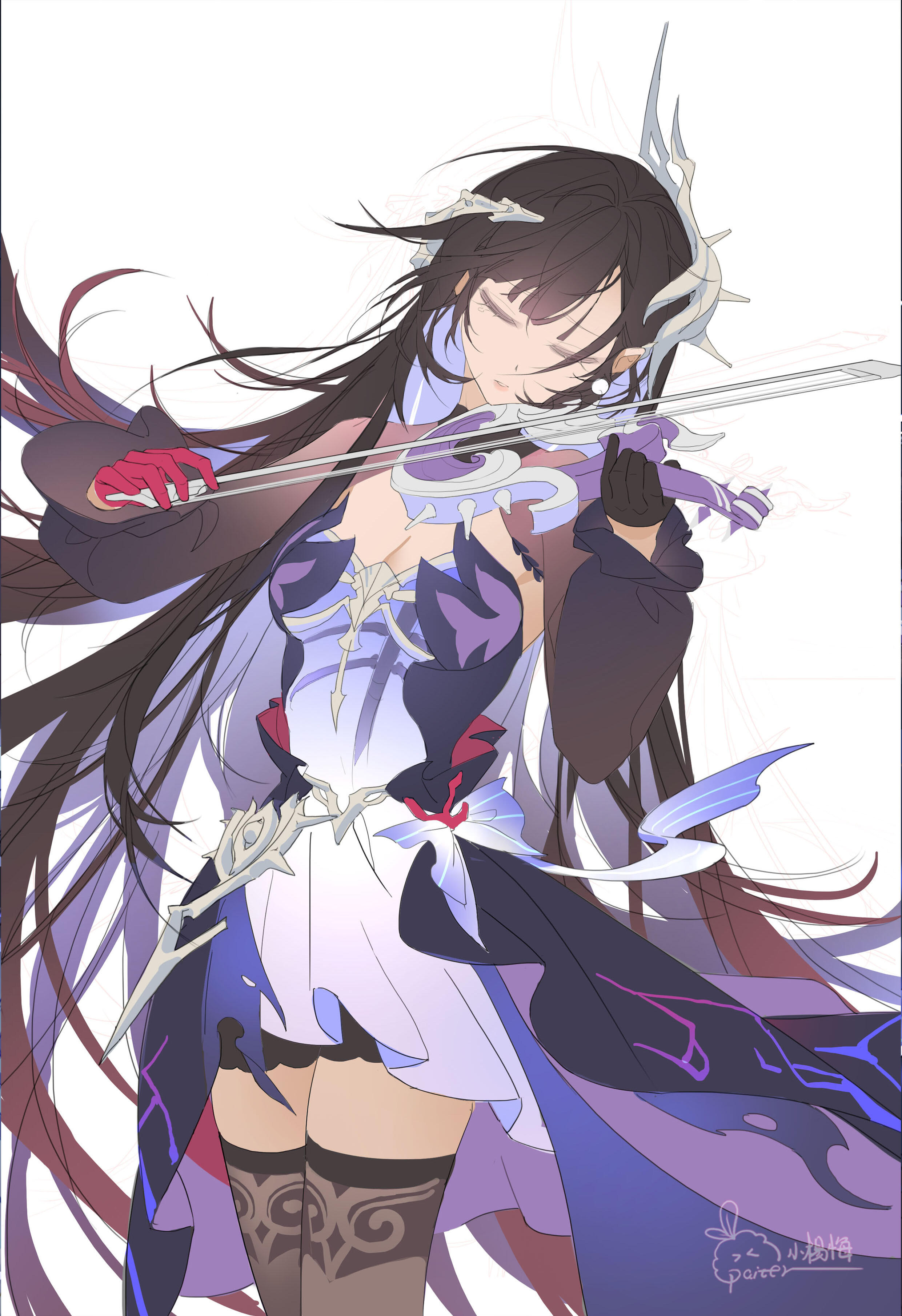 hysilens (honkai: star rail), honkai: star rail, honkai (series), absurdres, bad source, highres, 1girl, artist name, black hair, breasts, cleavage, closed eyes, closed mouth, dress, gloves, hair ornament, holding, holding instrument, instrument, long hair, long sleeves, music, playing instrument, smile, solo, thighhighs, violin, watermark, xiaoyangmei