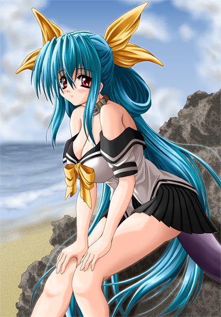 dizzy (guilty gear), arc system works, guilty gear, 1girl, bare shoulders, beach, breasts, cleavage, day, female focus, large breasts, outdoors, pleated skirt, school uniform, serafuku, skirt, solo
