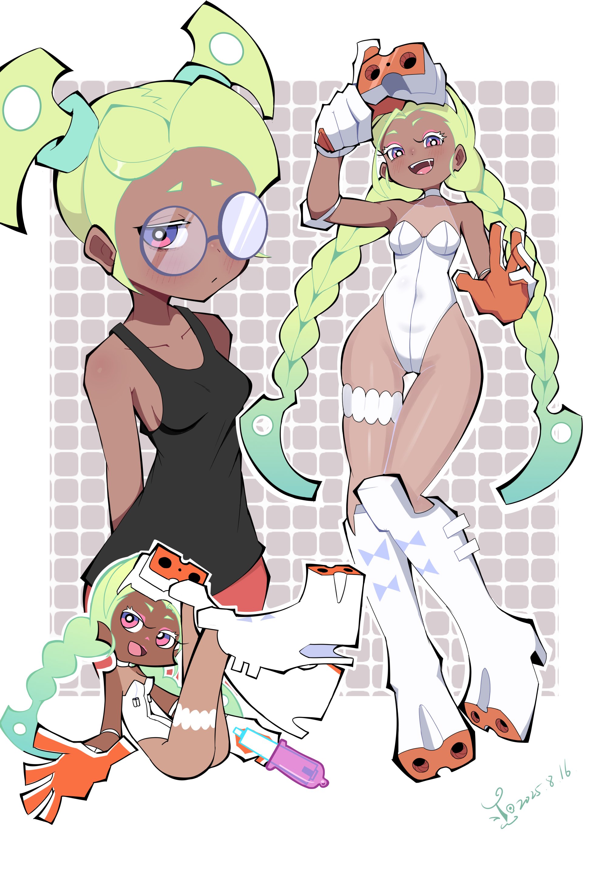 gunsmith bitch (psg), panty & stocking with garterbelt, absurdres, commentary, hashtag-only commentary, highres, symbol-only commentary, 1girl, black tank top, blue eyes, boots, braid, breasts, choker, collarbone, colored eyelashes, condom, condom on object, dark-skinned female, dark skin, dated, elbow pads, eyewear on head, full body, gloves, gradient hair, green hair, gun, high heel boots, high heels, holding, holding gun, holding weapon, leotard, light blush, multicolored eyes, multicolored hair, multiple views, open mouth, pantyhose, pink eyes, red shorts, round eyewear, shorts, signature, tank top, teeth, thigh strap, twin braids, two-tone eyes, upper teeth only, weapon, white background, white boots, white choker, white eyelashes, white leotard, wq7142986353973