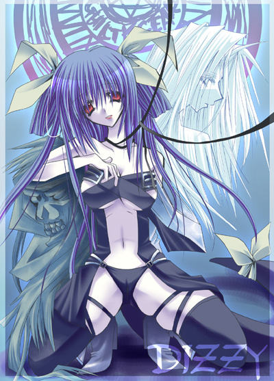 dizzy (guilty gear), necro (guilty gear), undine (guilty gear), arc system works, guilty gear, 1girl, asymmetrical wings, blue hair, red eyes, ribbon, tail, tail ornament, tail ribbon, thighhighs, wings