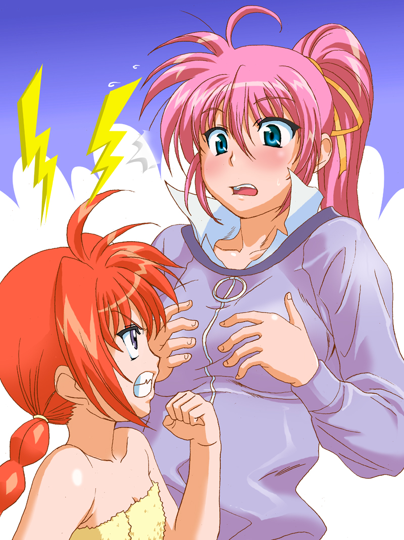 g-tetsu, signum, vita (nanoha), lyrical nanoha, mahou shoujo lyrical nanoha, mahou shoujo lyrical nanoha a's, 00s, 2girls, angry, breast envy, breasts, flat chest, medium breasts, multiple girls