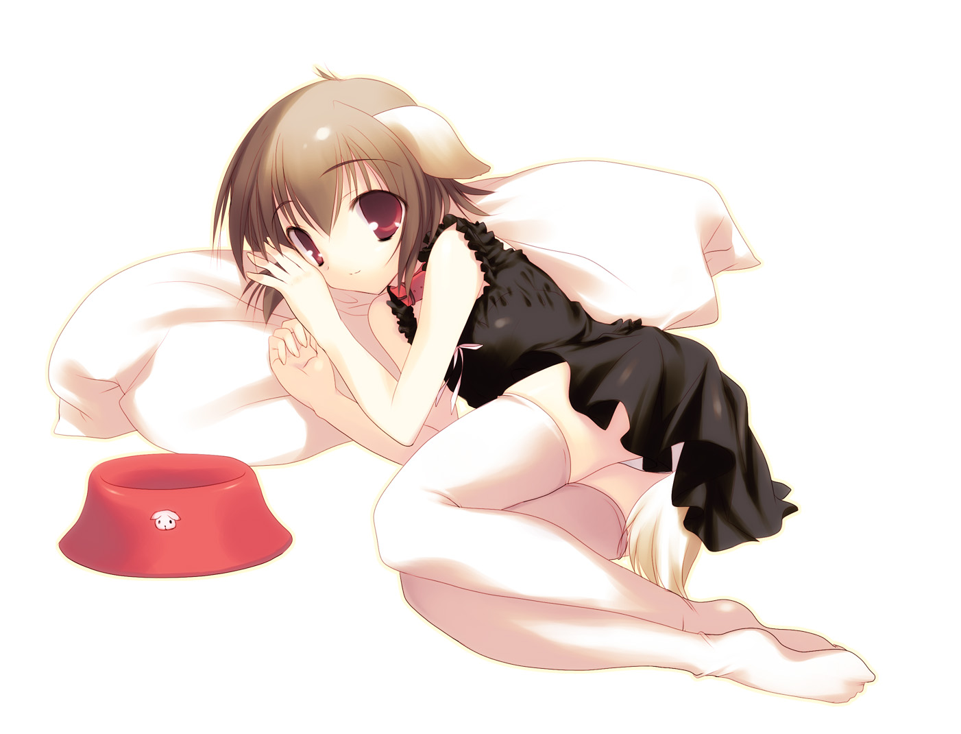 jo (overture), character request, 1girl, animal ears, bowl, brown hair, collar, dog ears, dog tail, dress, female focus, lying, on side, panties, pet bowl, pillow, red eyes, ribbon, short hair, solo, tail, thighhighs, underwear, white panties, white thighhighs
