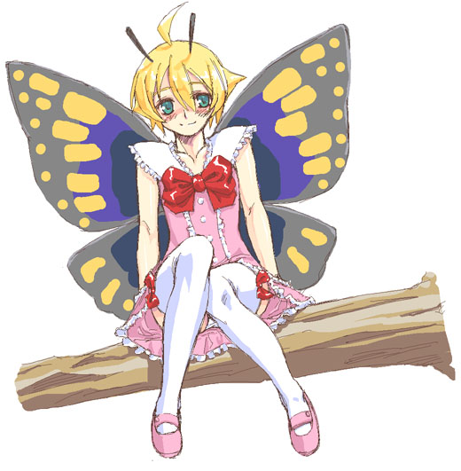 satou atsuki, shimon (shimotsuma), shimotsuma, 1girl, antennae, blonde hair, blush, bug, butterfly, fairy, female focus, insect, mary janes, pink shoes, shoes, solo, thighhighs, trap, wings
