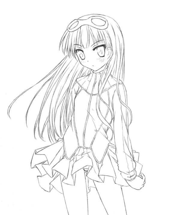 ryo (botugo), kasha maverick, solty rei, 00s, 1girl, blush, expressionless, female focus, goggles, goggles on head, greyscale, jacket, long hair, long sleeves, monochrome, panties, pleated skirt, simple background, skirt, solo, standing, underwear, very long hair, white background