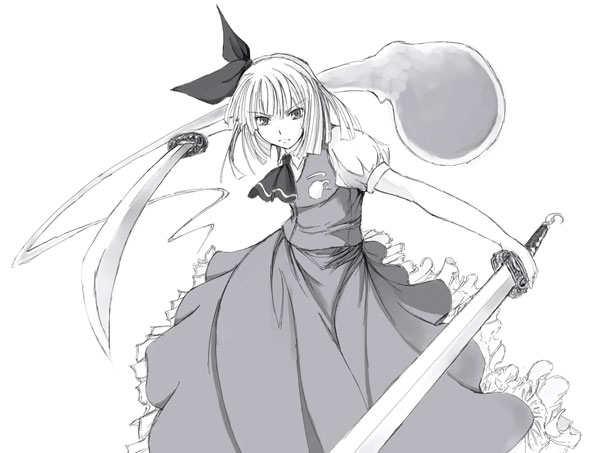 gin'ichi (akacia), ginichi, konpaku youmu, konpaku youmu (ghost), touhou, >:(, 1girl, ascot, blunt bangs, bob cut, bow, dual wielding, female focus, fighting stance, frown, greyscale, hair bow, hitodama, holding, katana, looking at viewer, monochrome, outstretched arms, perspective, puffy sleeves, shirt, simple background, skirt, skirt set, solo, sword, v-shaped eyebrows, vest, weapon, white background