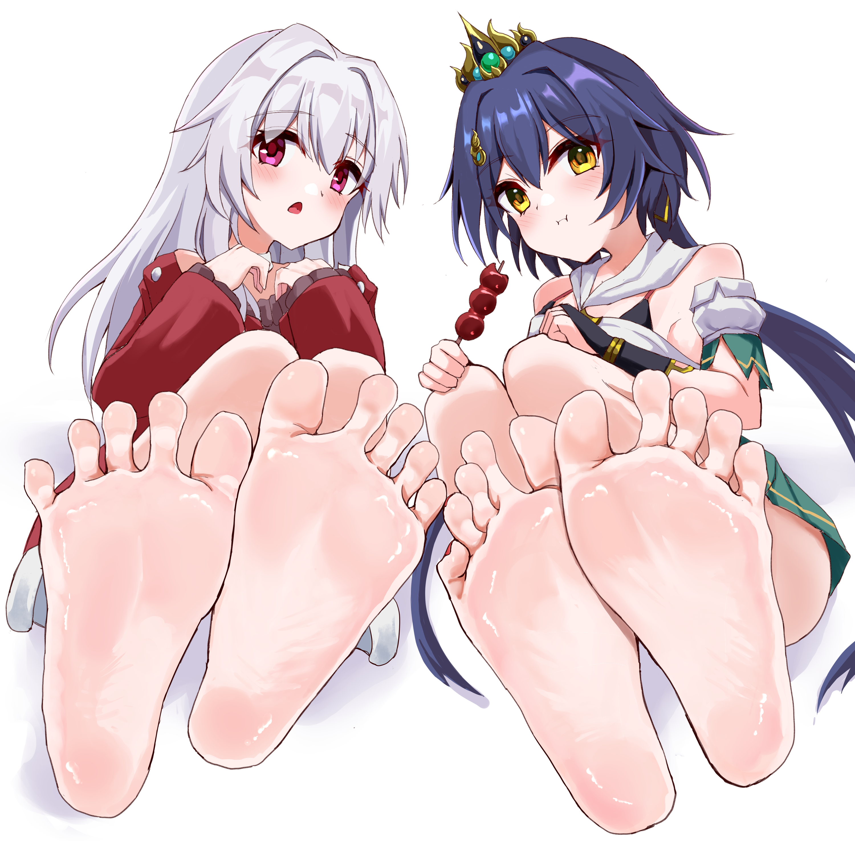 iberiko (soinesitai), clara (honkai: star rail), yunli (honkai: star rail), honkai: star rail, honkai (series), absurdres, highres, 2girls, barefoot, black hair, blush, dango, eating, feet, food, long hair, looking at viewer, multiple girls, open mouth, red eyes, soles, toes, wagashi, white hair, yellow eyes