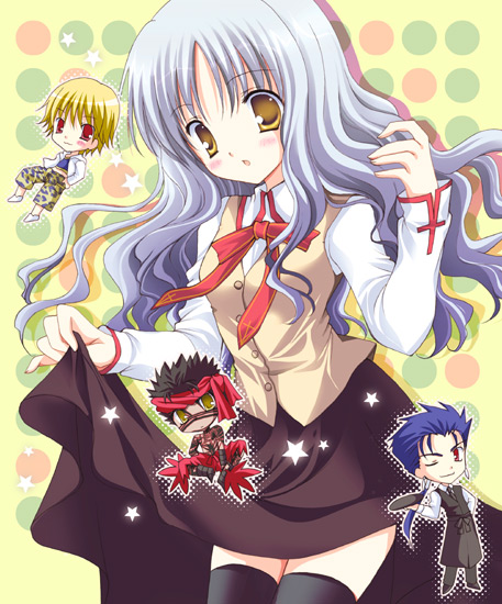 shirogane hina, angra mainyu (fate), caren hortensia, child gilgamesh (fate), cu chulainn (fate), cu chulainn (fate/stay night), gilgamesh (fate), fate/hollow ataraxia, fate/stay night, fate (series), 00s, 1girl, 3boys, chibi, multiple boys, thighhighs